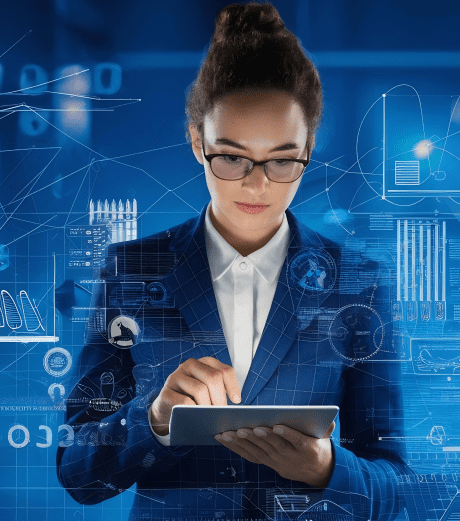 business people with digital tablet blueprint 1
