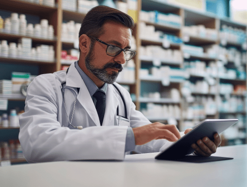 pharmacy office with male pharmacist using tablet 1