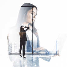 portrait attractive thoughtful european businesswoman using laptop bright city office view background with mock up place technology communication success concept double exposure 1