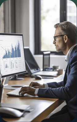 man is sitting desk with computer graph it 1